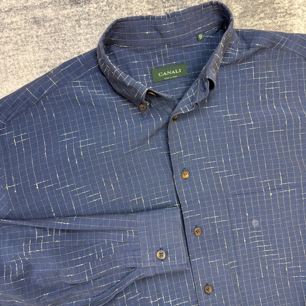 Canali Dress Shirt Mens 43 17 Blue Check Windowpane Woven Textured Cotton Italy